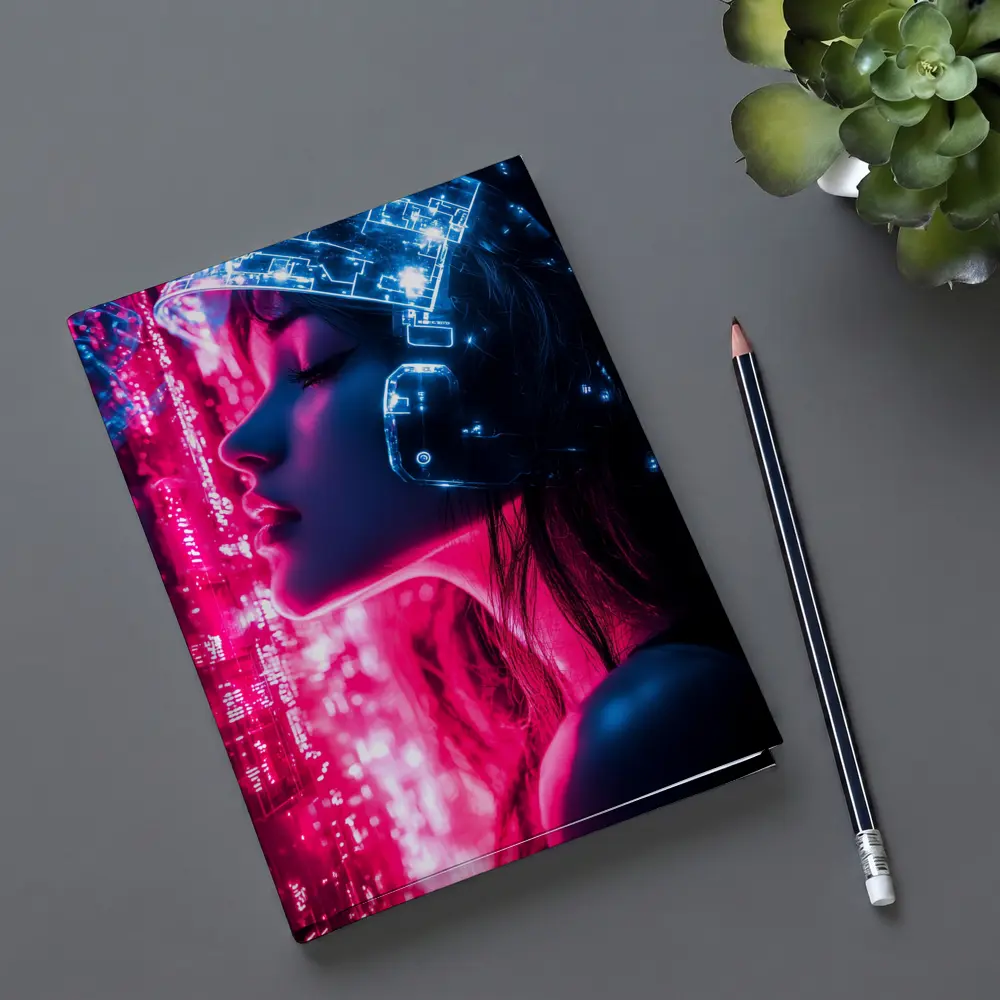Cyberpunk Woman Neon Circuit Helmet Dark – Notebooks