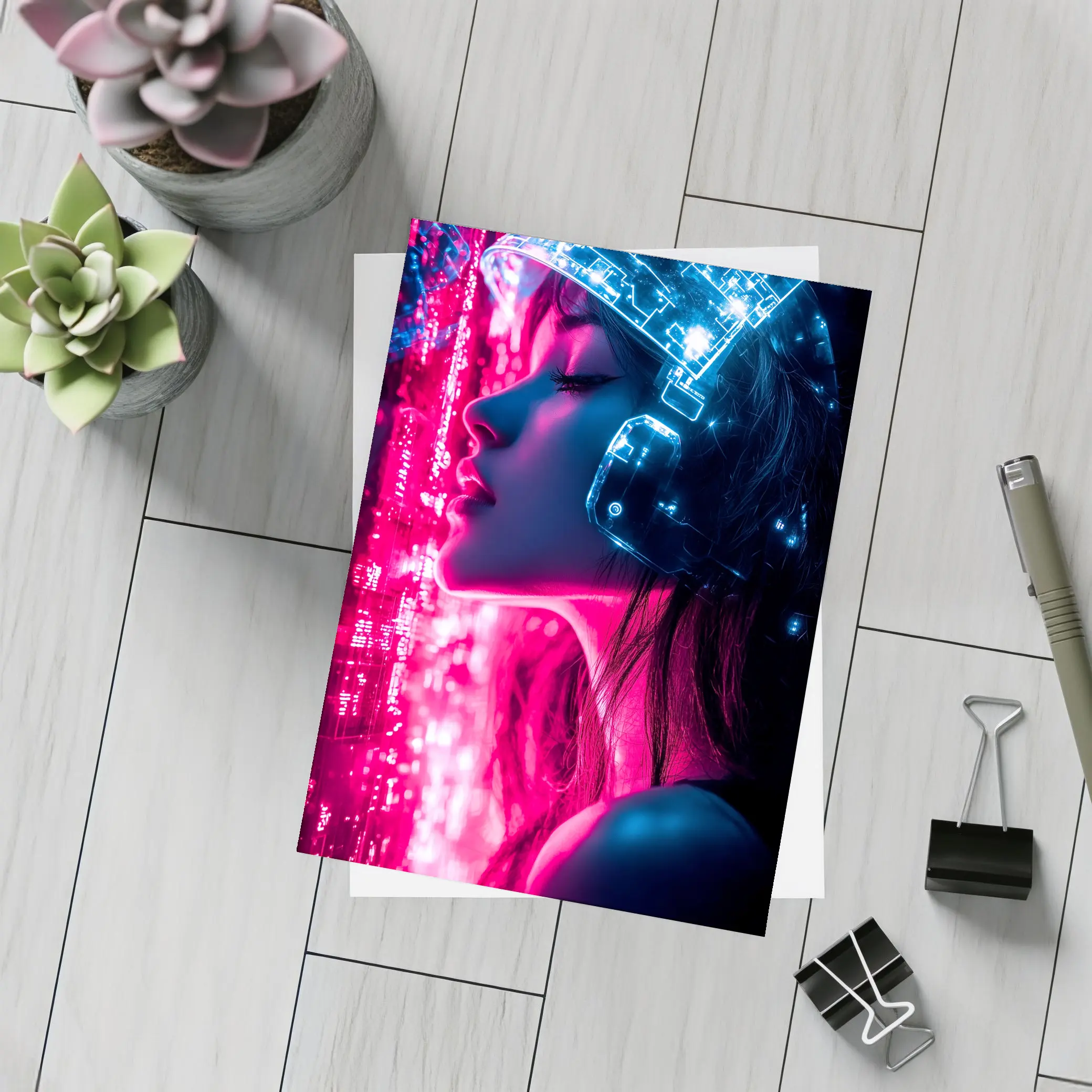 Cyberpunk Woman Neon Circuit Helmet Dark – Postcards