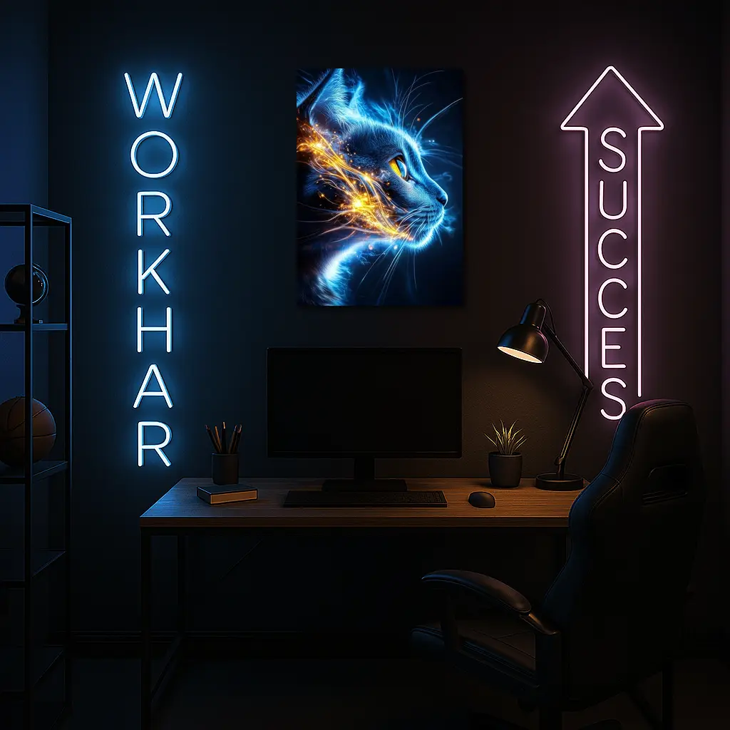 Blue Neon Cat Portrait Dark Background – Wall Art