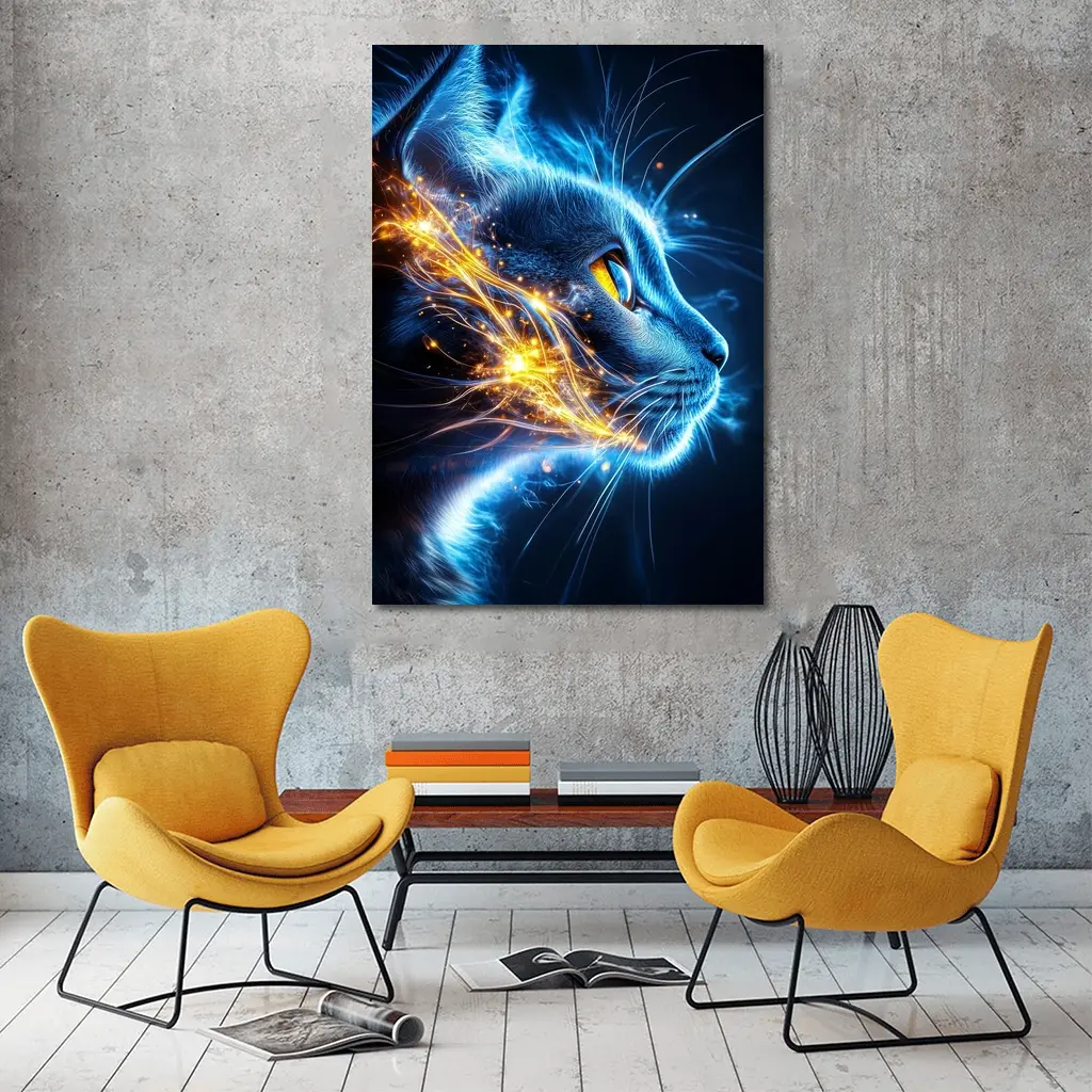 Blue Neon Cat Portrait Dark Background – Wall Art