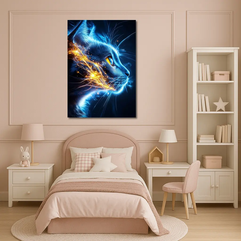 Blue Neon Cat Portrait Dark Background – Wall Art