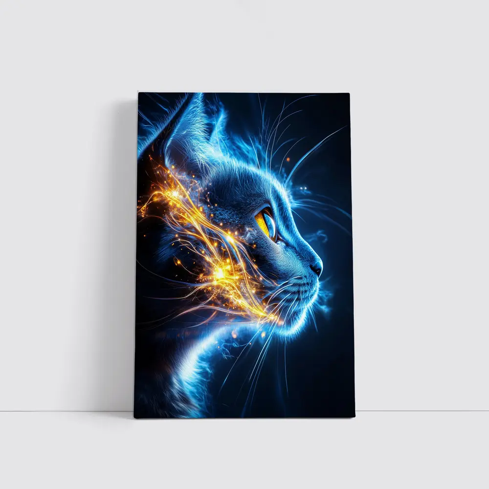 Blue Neon Cat Portrait Dark Background – Wall Art