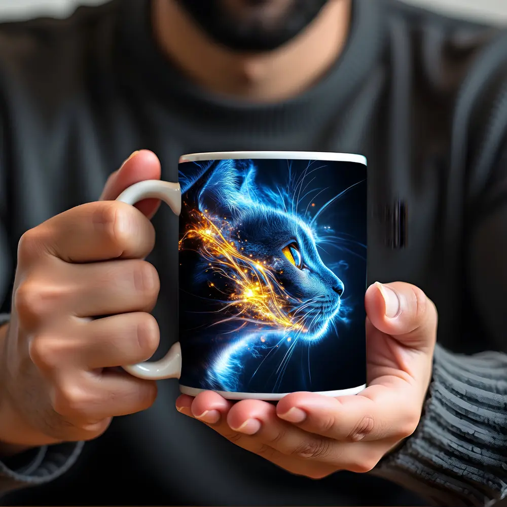 Blue Neon Cat Portrait Dark Background – Mugs