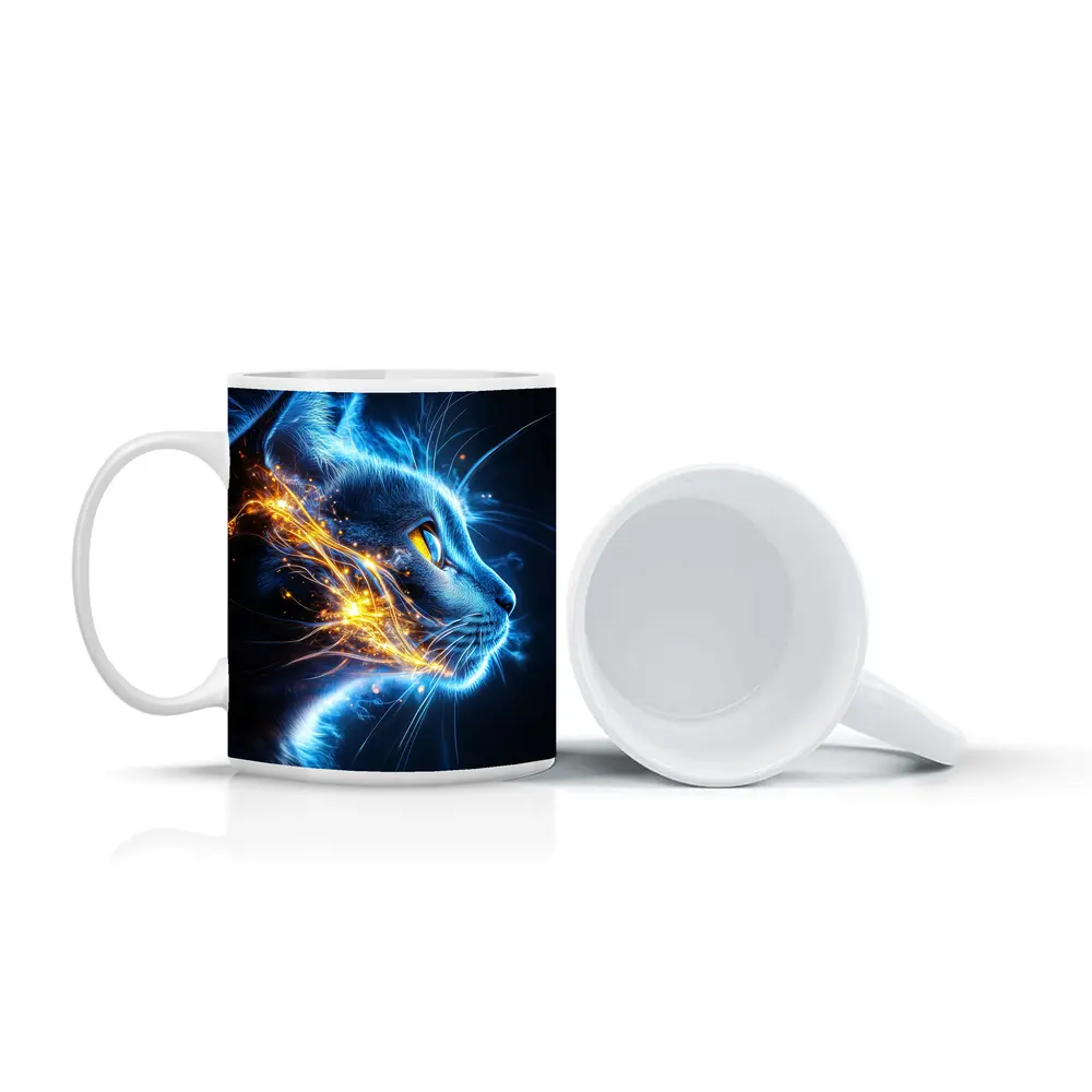 Blue Neon Cat Portrait Dark Background – Mugs