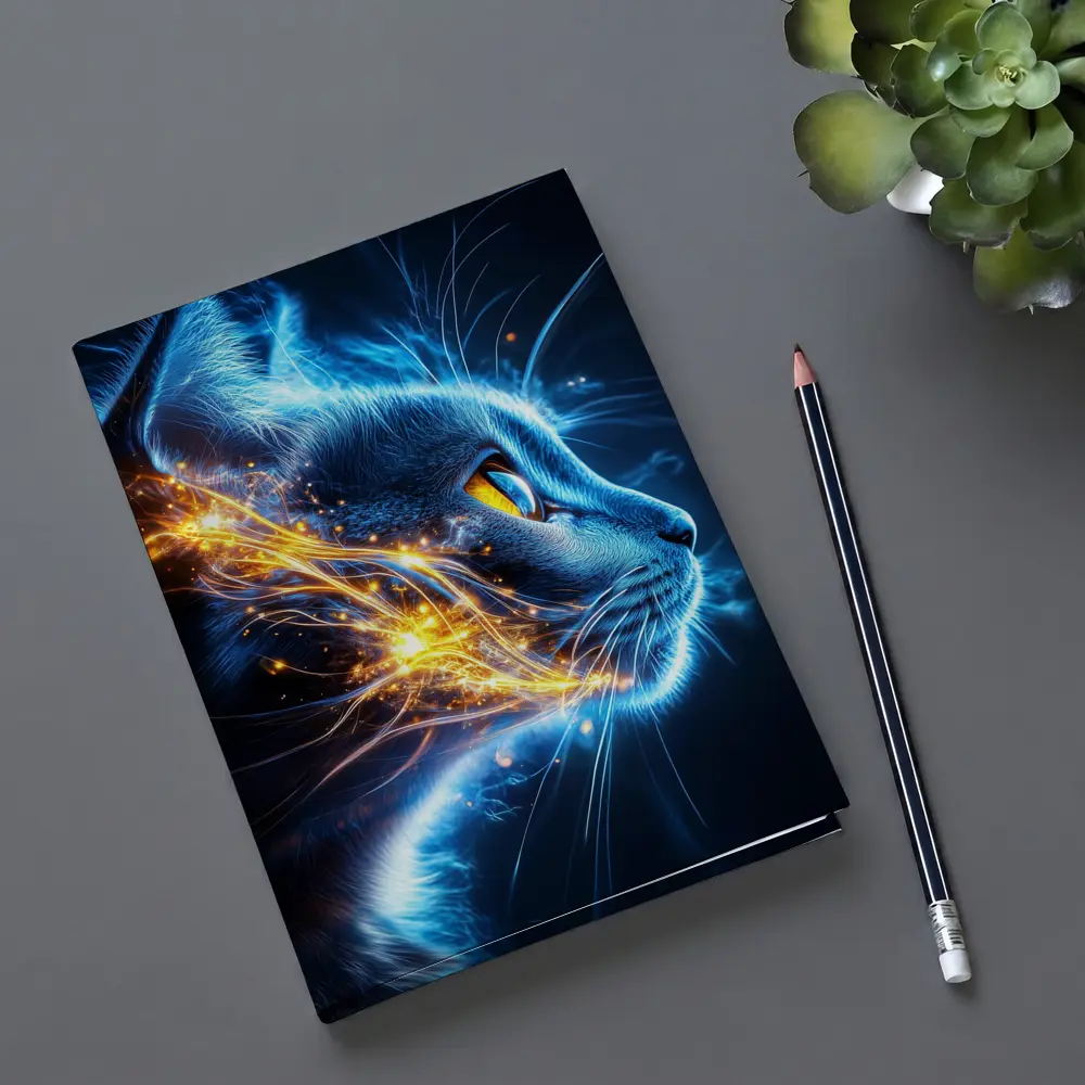 Blue Neon Cat Portrait Dark Background – Notebooks