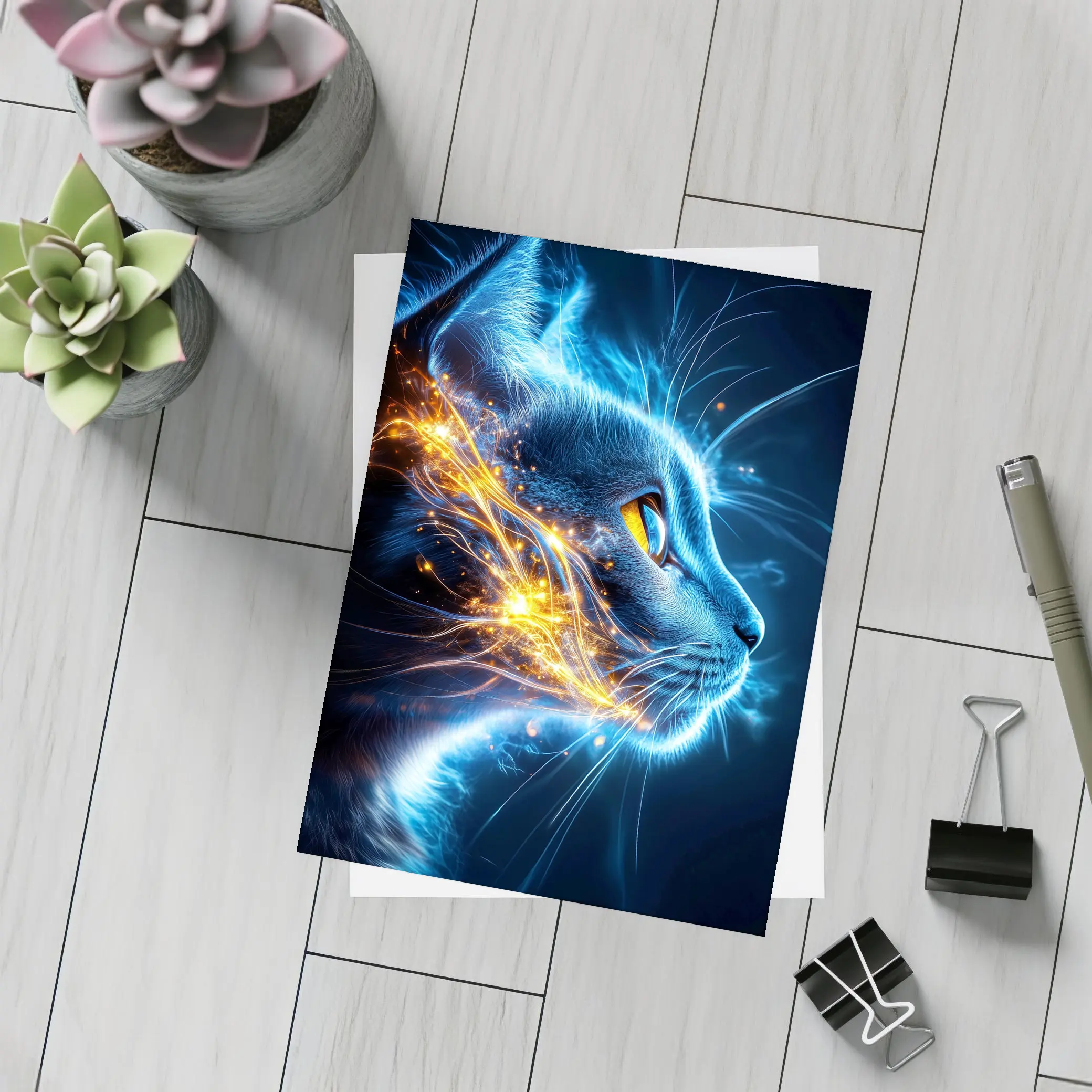 Blue Neon Cat Portrait Dark Background – Postcards