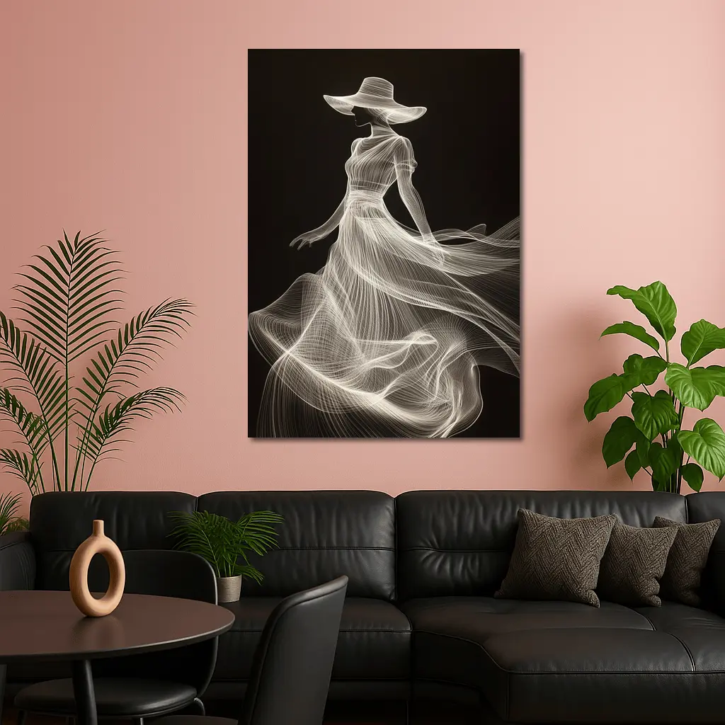 Woman in Hat White Line Art Black – Wall Art