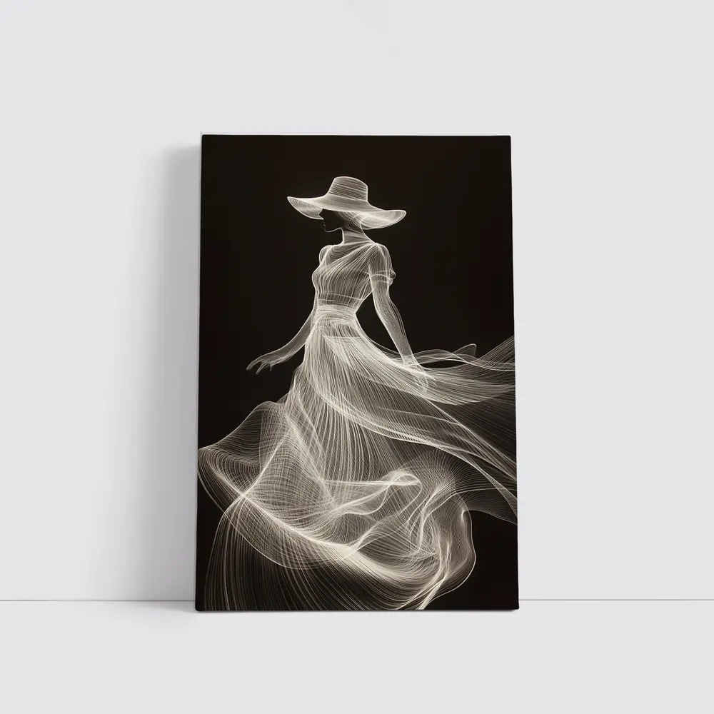 Woman in Hat White Line Art Black – Wall Art