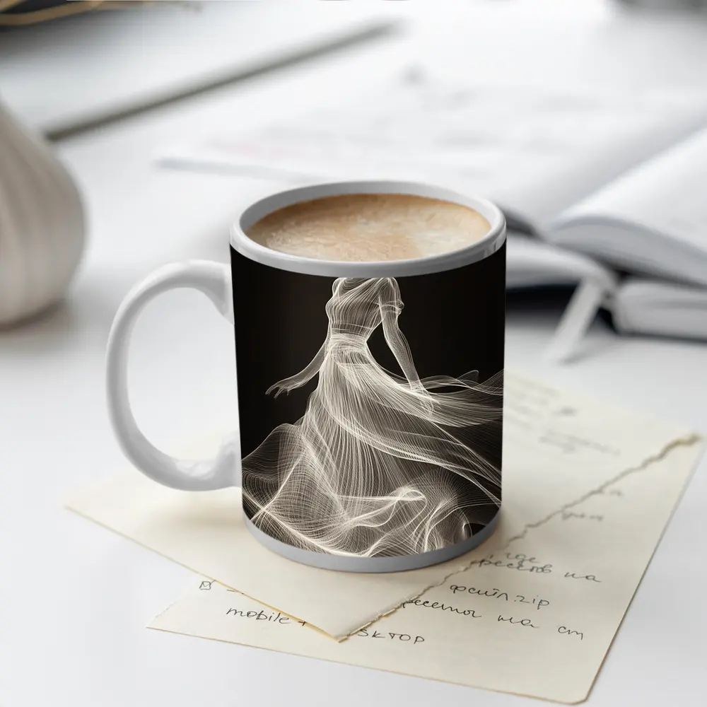 Woman in Hat White Line Art Black – Mugs
