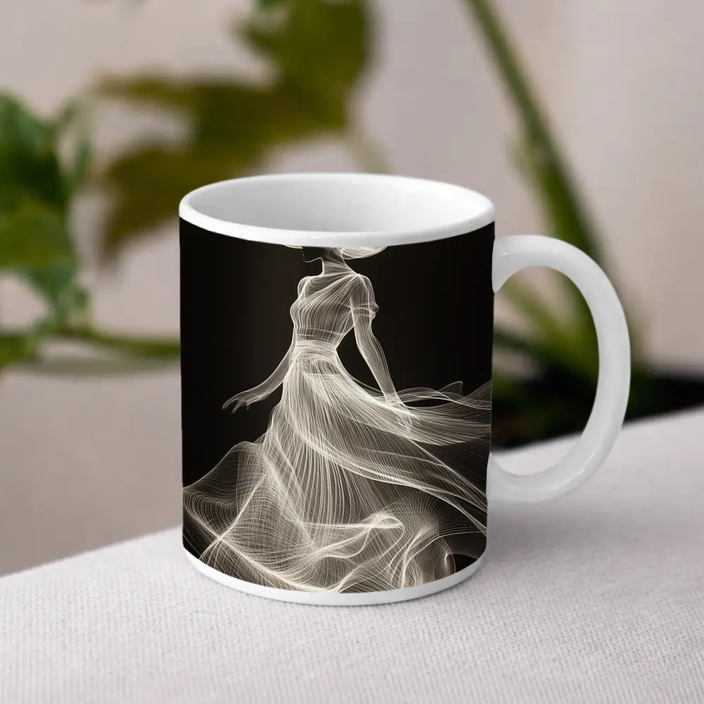 Woman in Hat White Line Art Black – Mugs