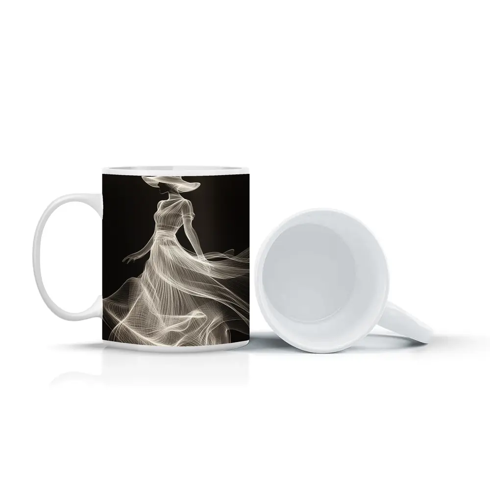Woman in Hat White Line Art Black – Mugs
