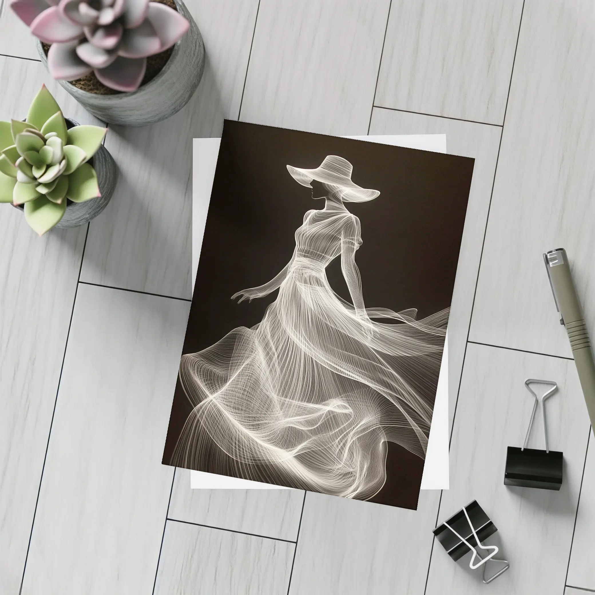 Woman in Hat White Line Art Black – Postcards