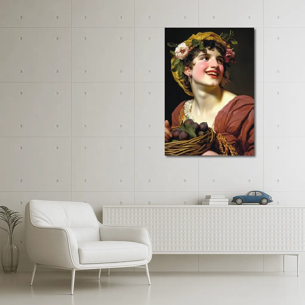 Young Woman With Flowers And Fruit Basket – Wall Art
