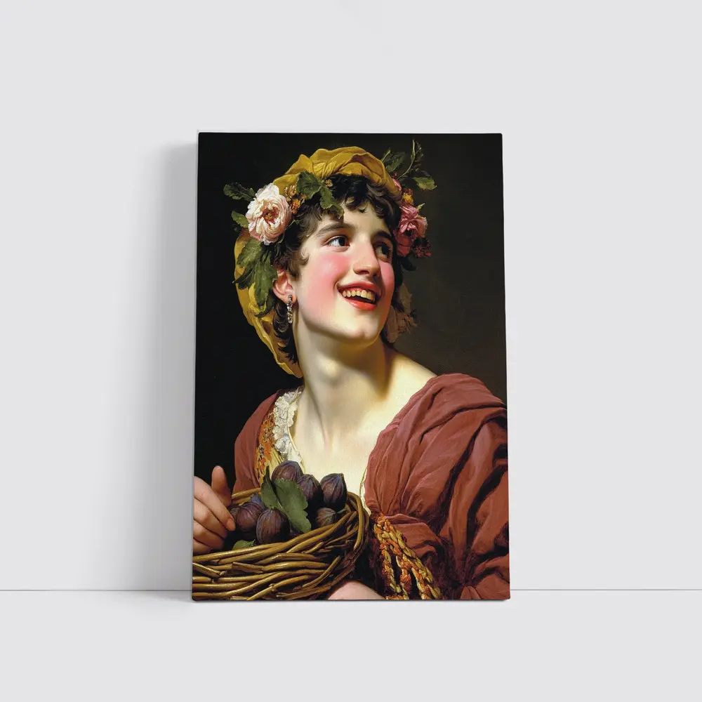 Young Woman With Flowers And Fruit Basket – Wall Art