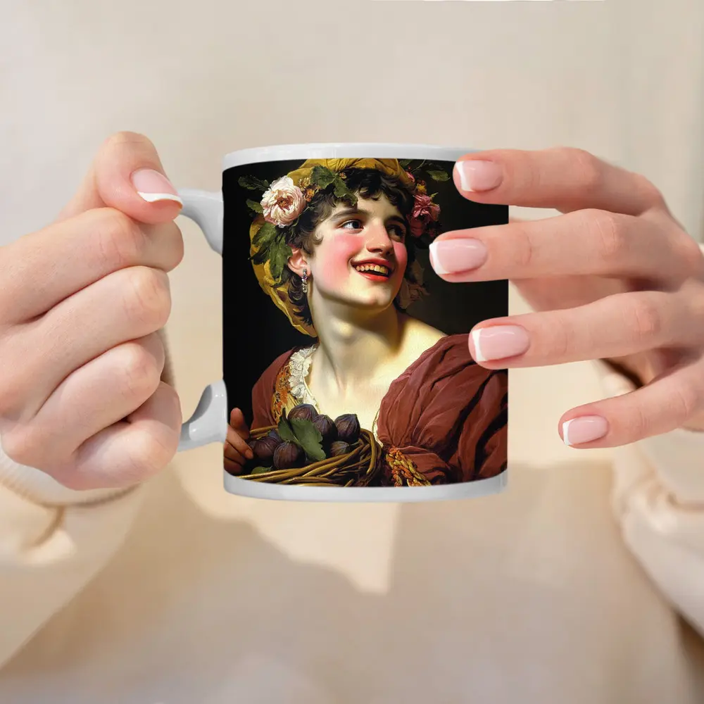 Young Woman With Flowers And Fruit Basket – Mugs