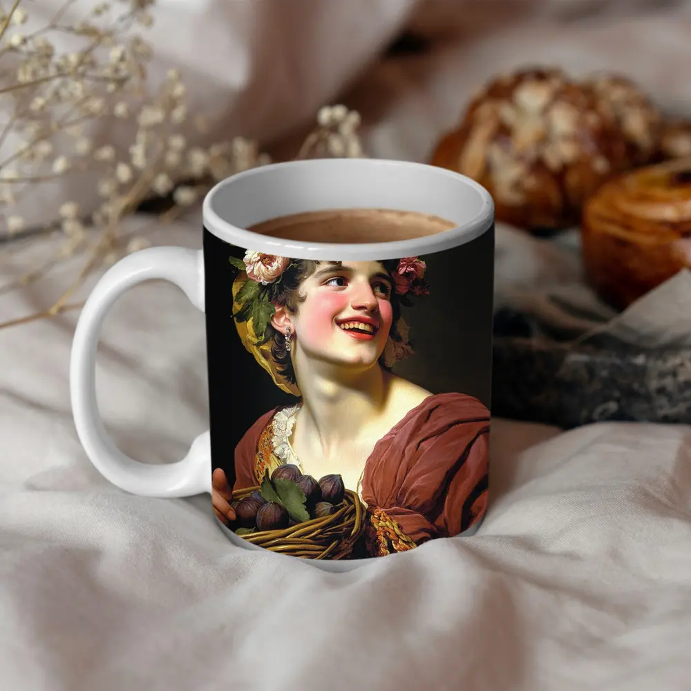 Young Woman With Flowers And Fruit Basket – Mugs