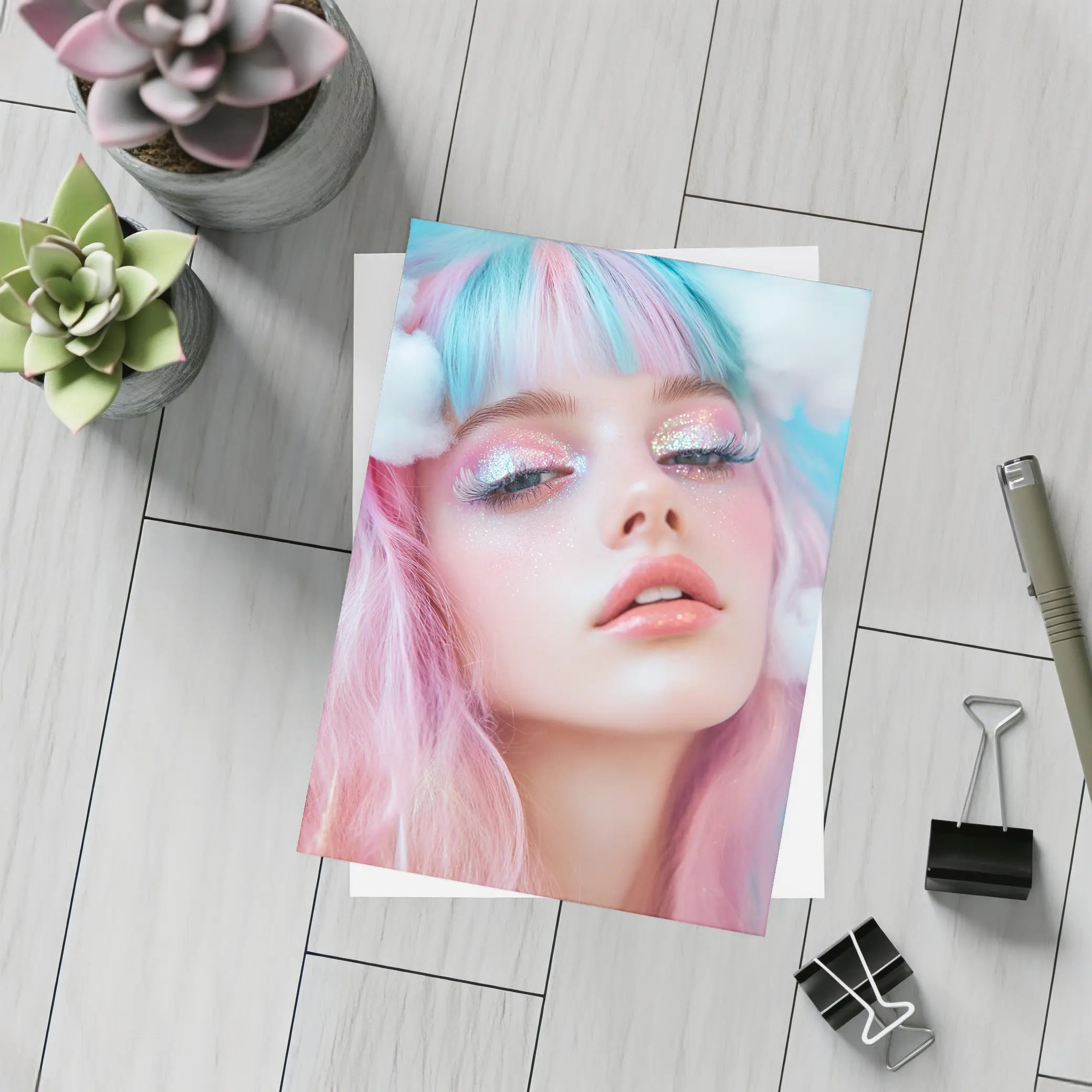 Pastel Fantasy Girl Glitter Makeup Cloud Background – Postcards