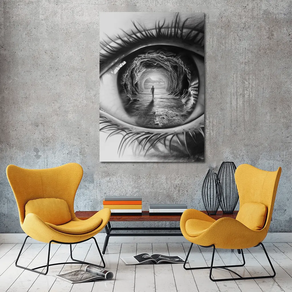 Surreal Eye Portal Figure Black White – Wall Art