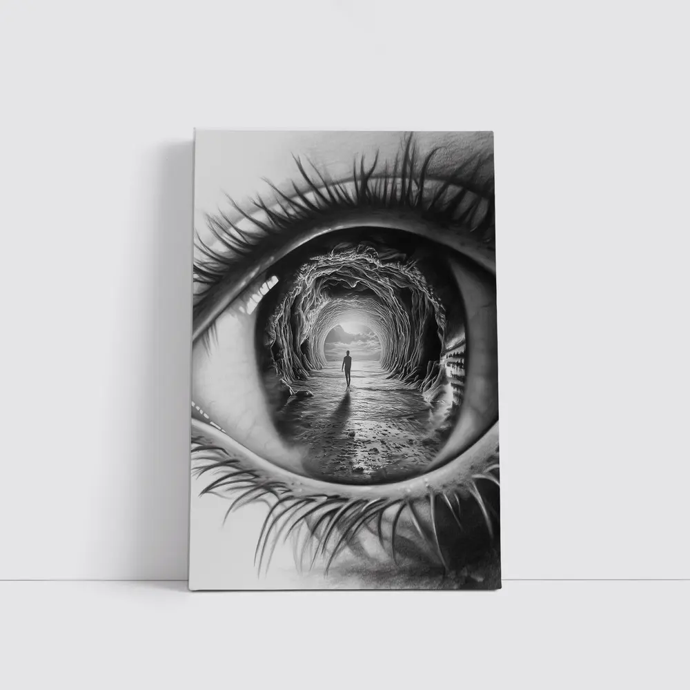 Surreal Eye Portal Figure Black White – Wall Art
