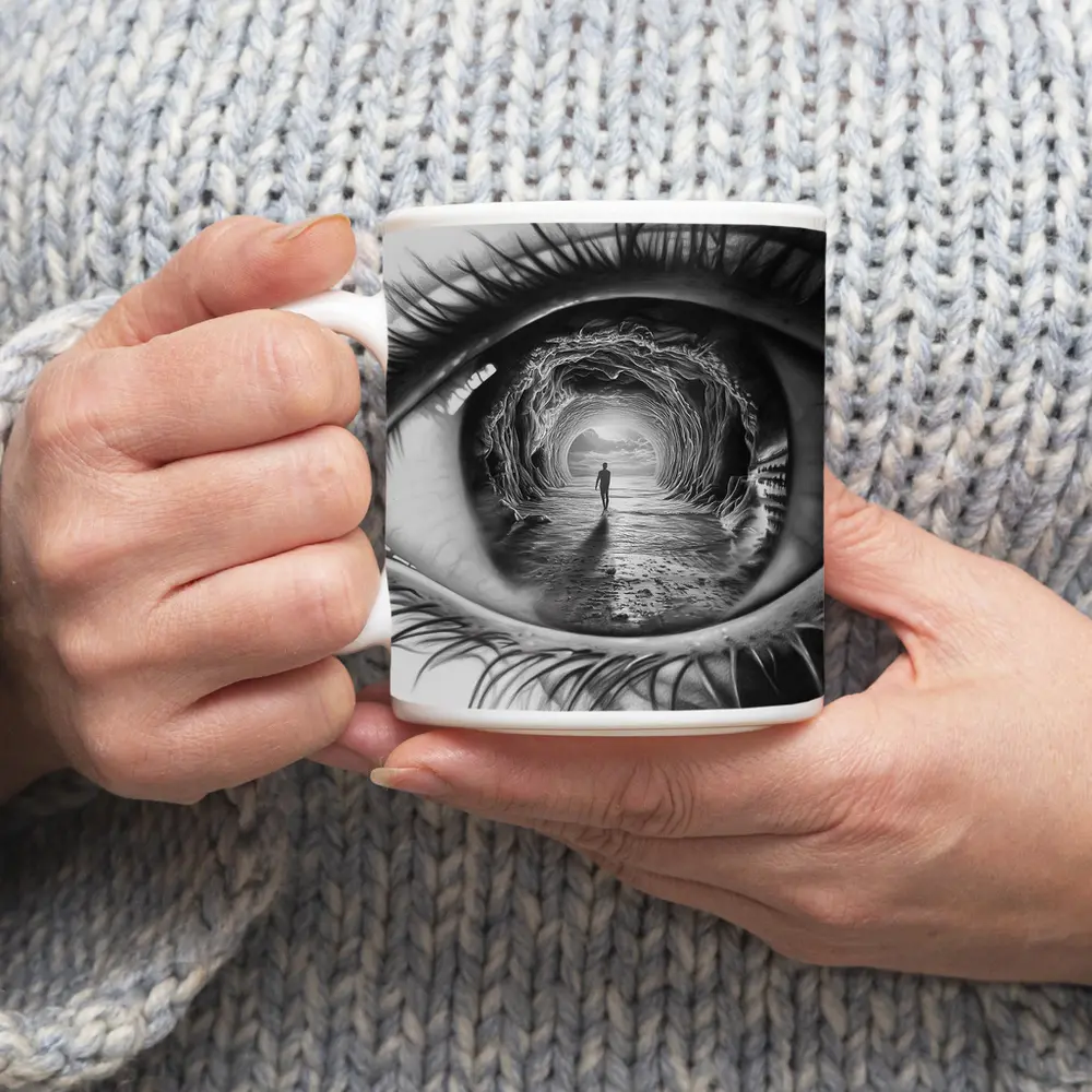Surreal Eye Portal Figure Black White – Mugs