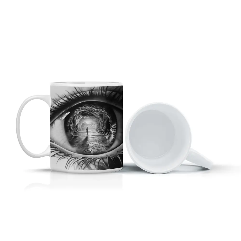 Surreal Eye Portal Figure Black White – Mugs