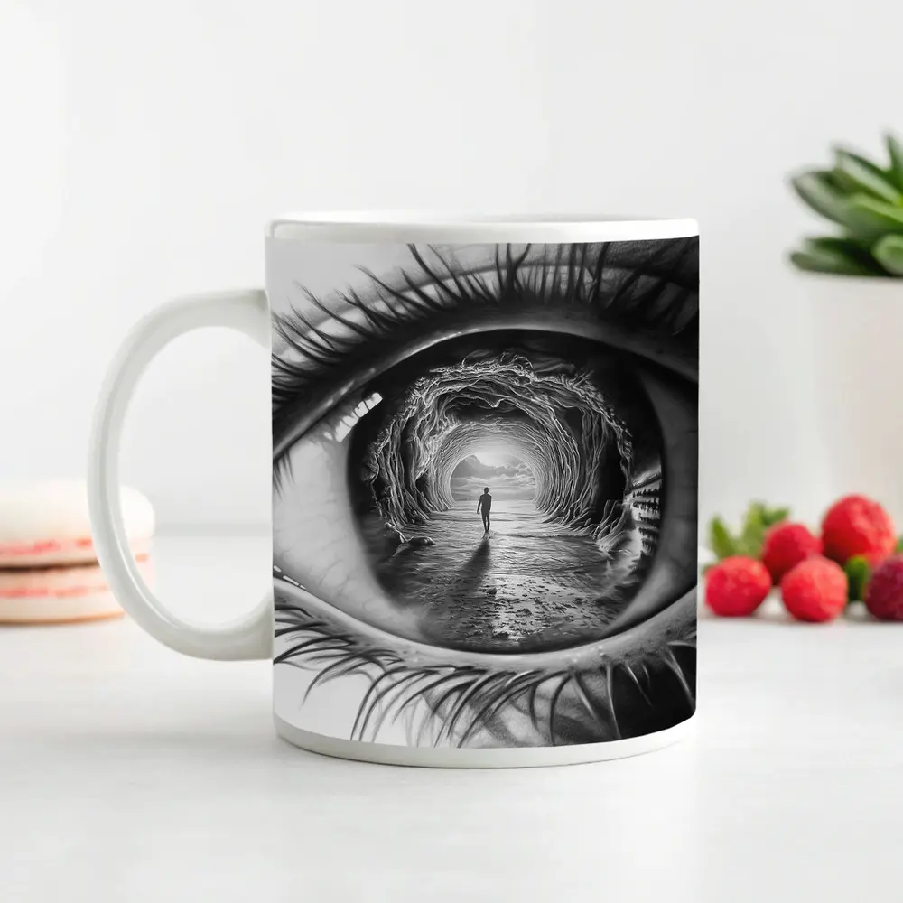 Surreal Eye Portal Figure Black White – Mugs