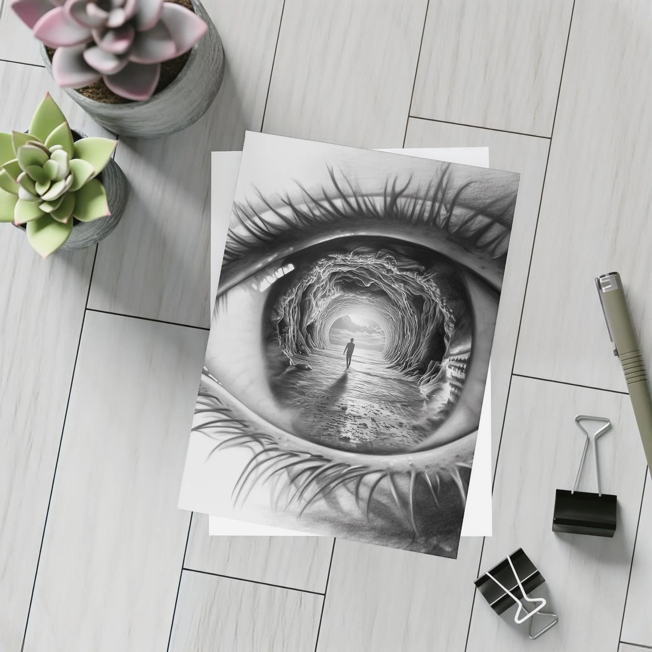 Surreal Eye Portal Figure Black White – Postcards