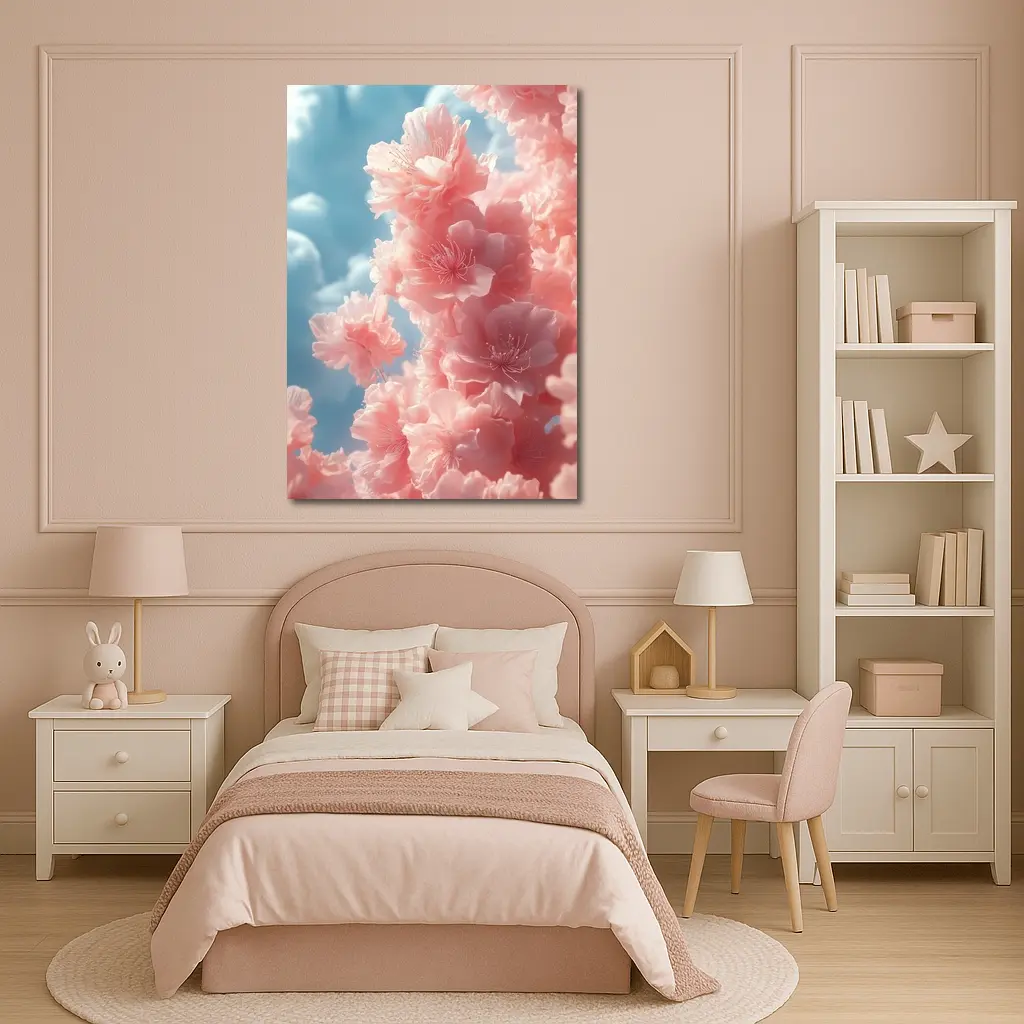 Pink Flowers Blooming Against Soft Sky – Wall Art