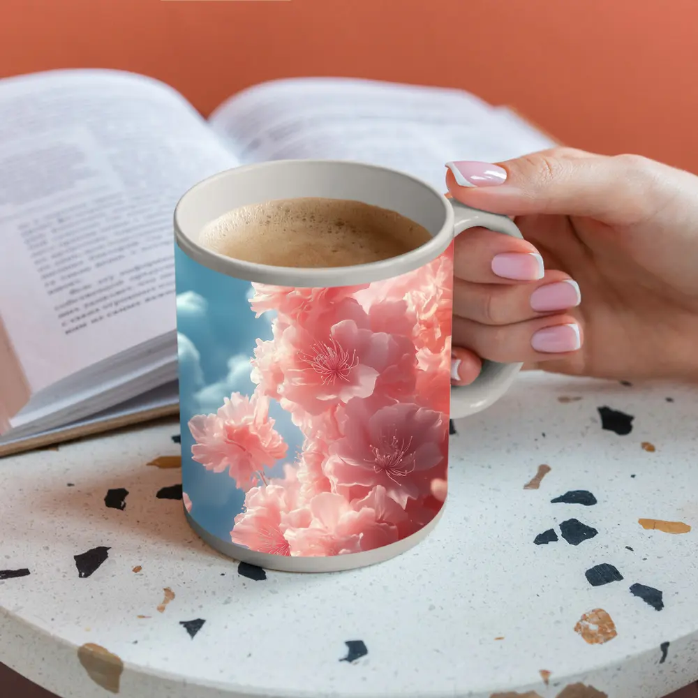 Pink Flowers Blooming Against Soft Sky – Mugs
