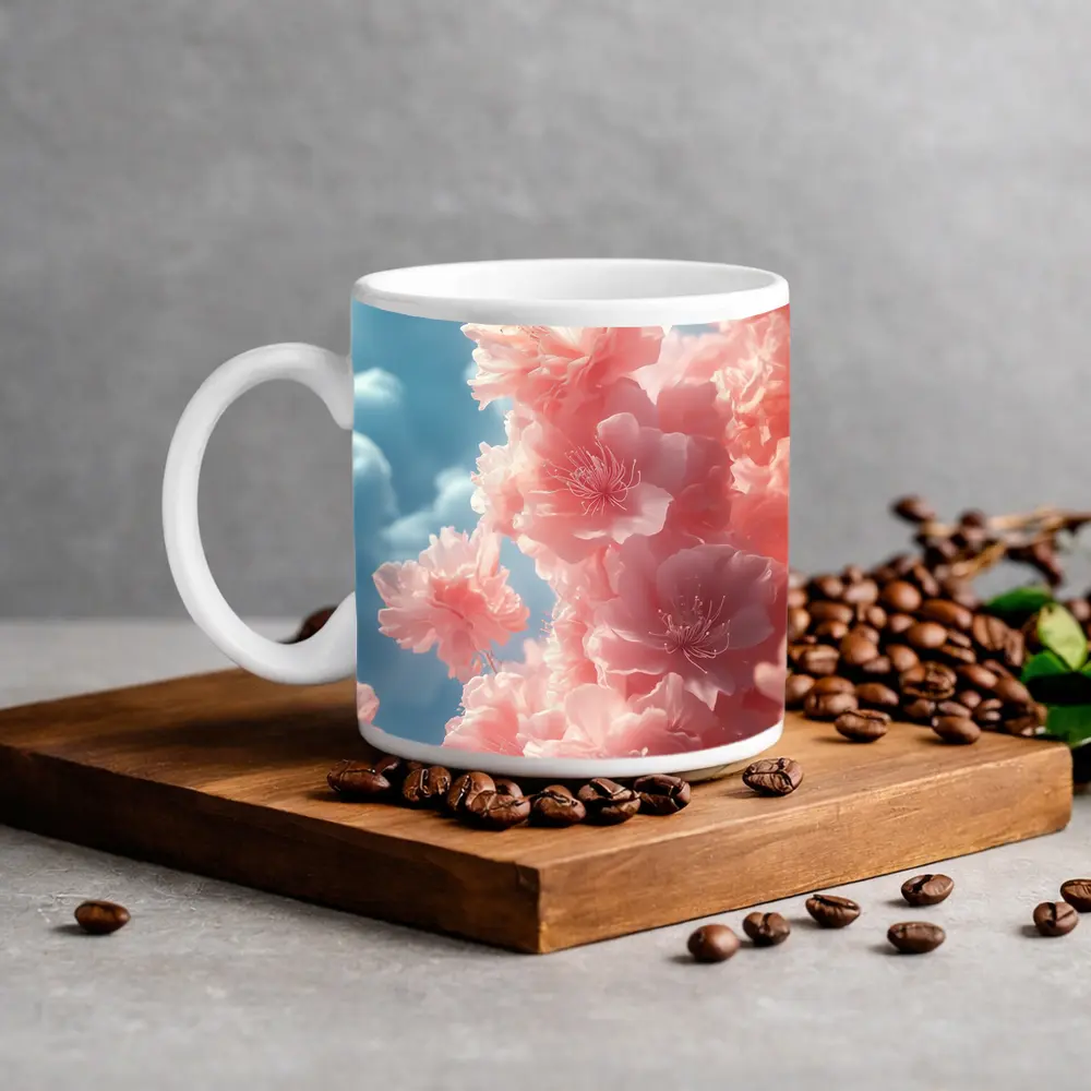 Pink Flowers Blooming Against Soft Sky – Mugs