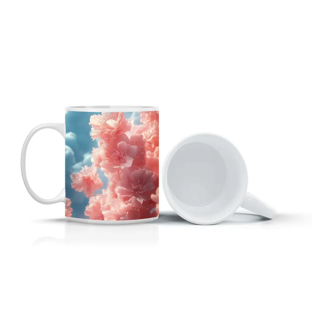 Pink Flowers Blooming Against Soft Sky – Mugs