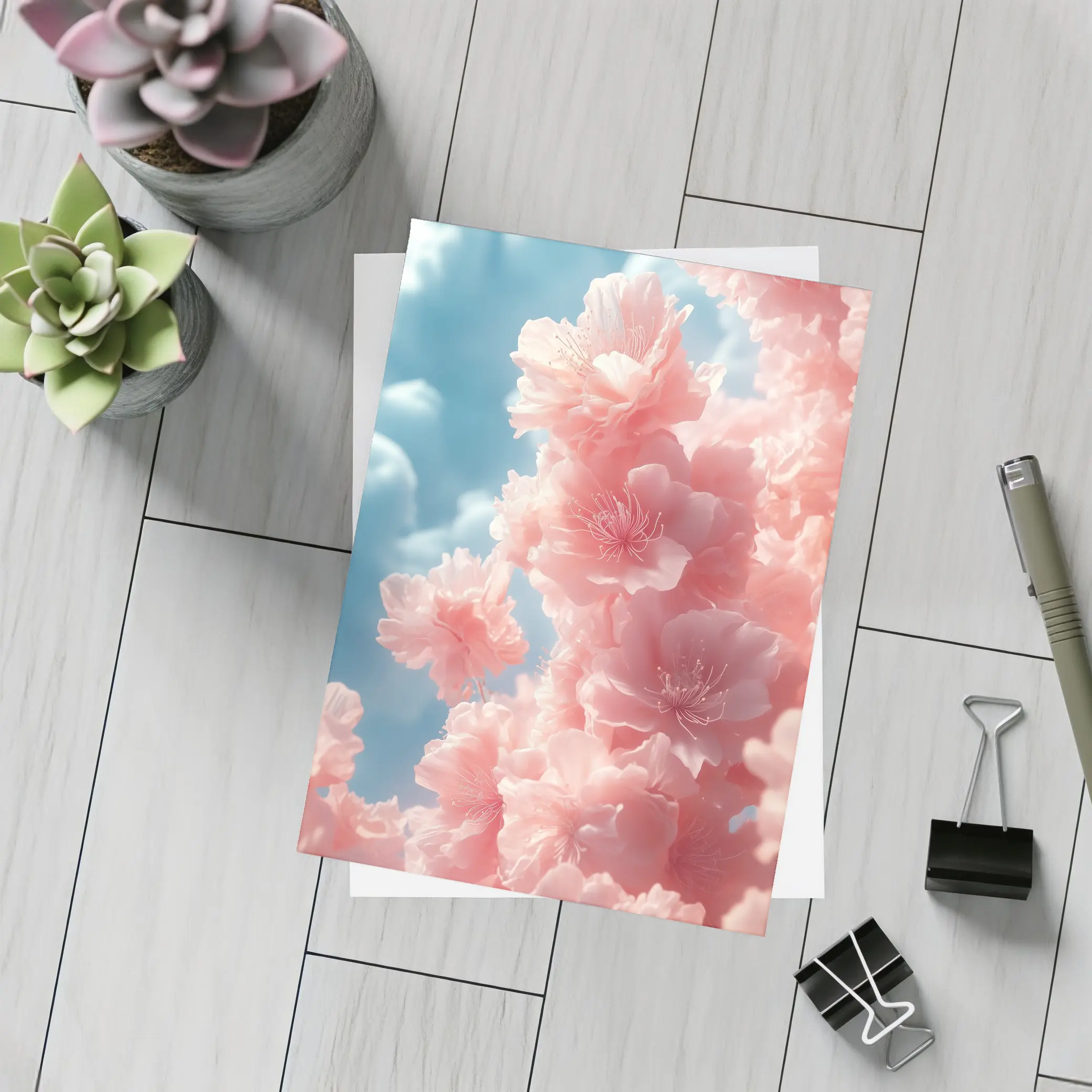 Pink Flowers Blooming Against Soft Sky – Postcards