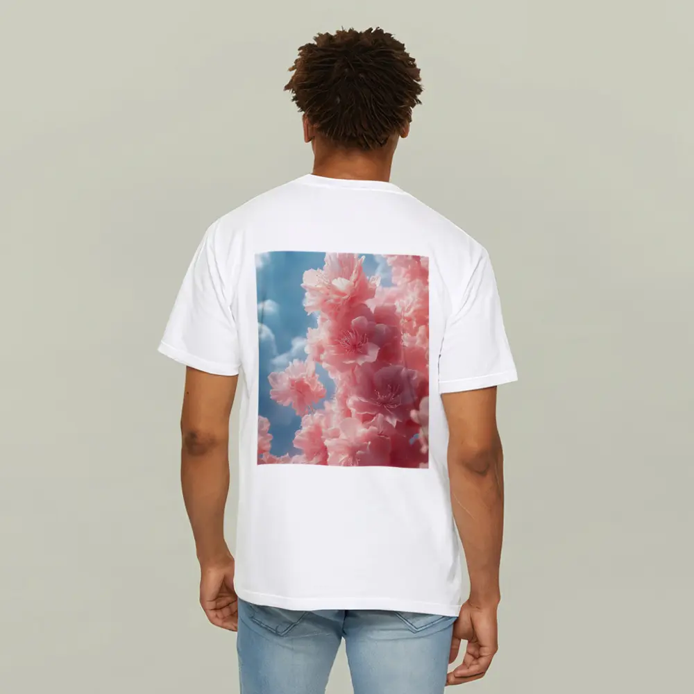 Pink Flowers Blooming Against Soft Sky – T-Shirts
