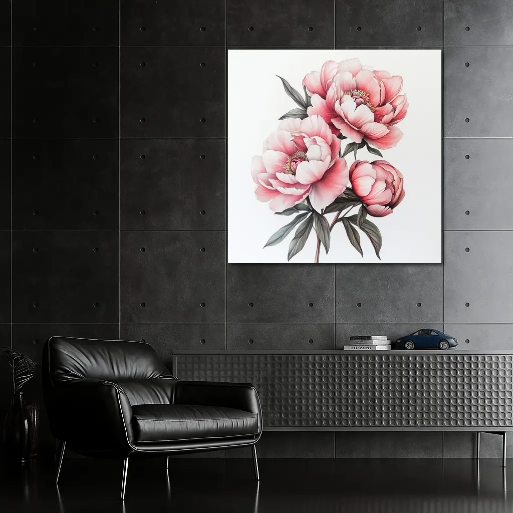 Pink Peony Bouquet Botanical Illustration White Background – Wall Art