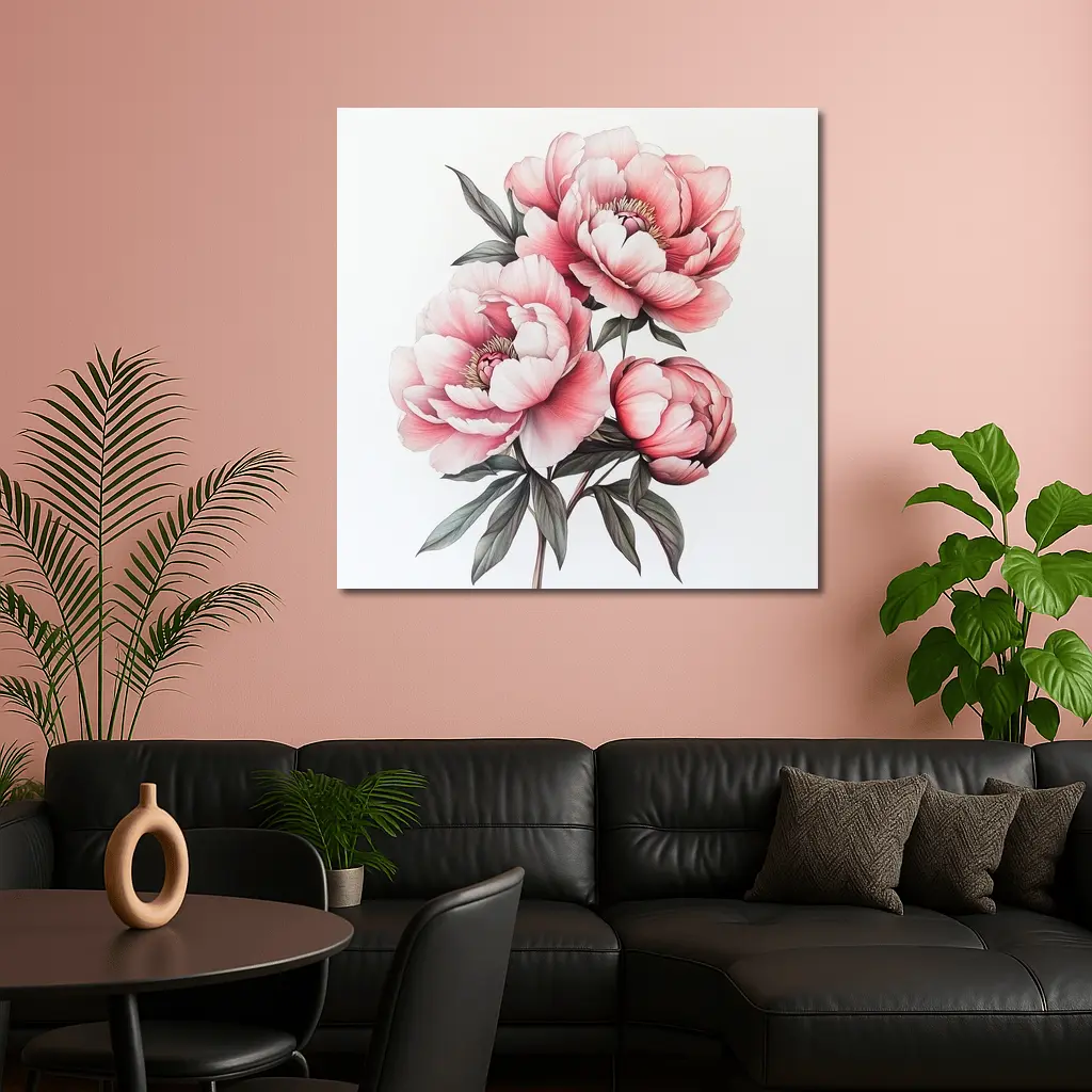 Pink Peony Bouquet Botanical Illustration White Background – Wall Art