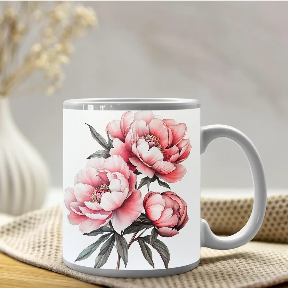 Pink Peony Bouquet Botanical Illustration White Background – Mugs