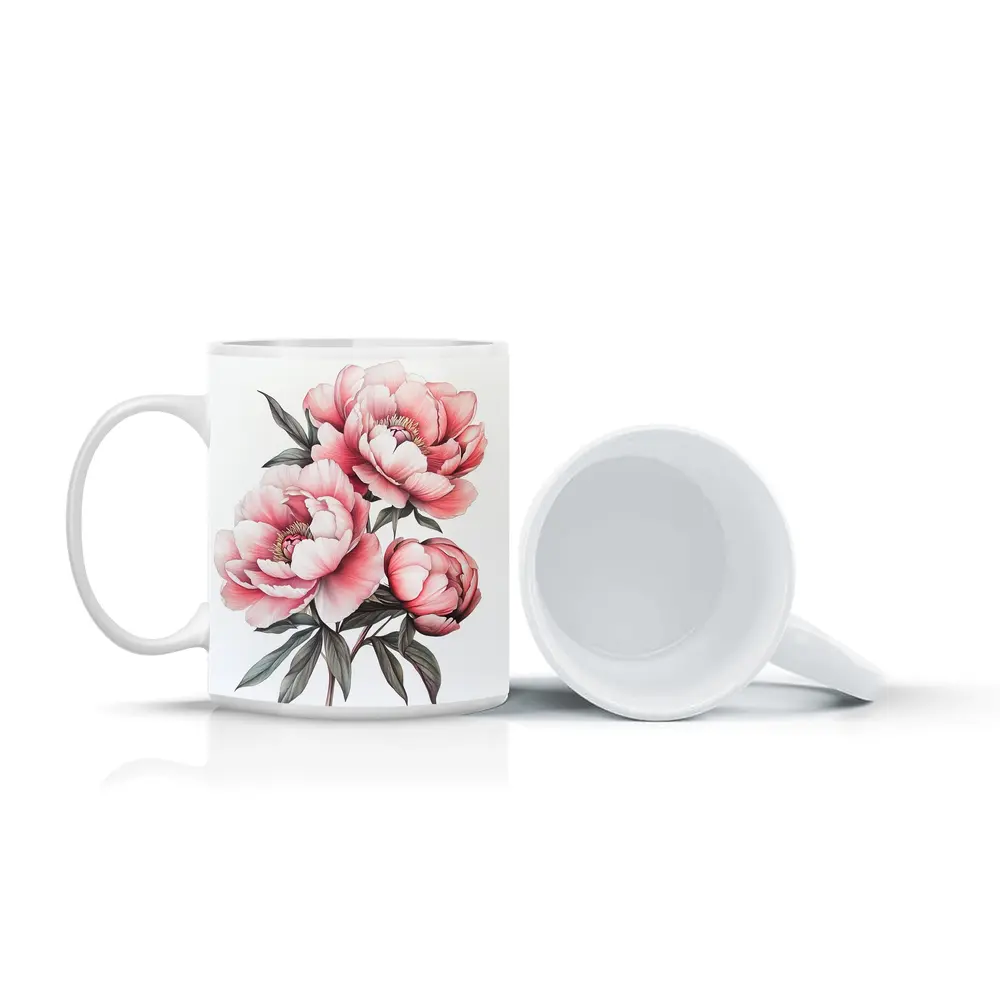 Pink Peony Bouquet Botanical Illustration White Background – Mugs