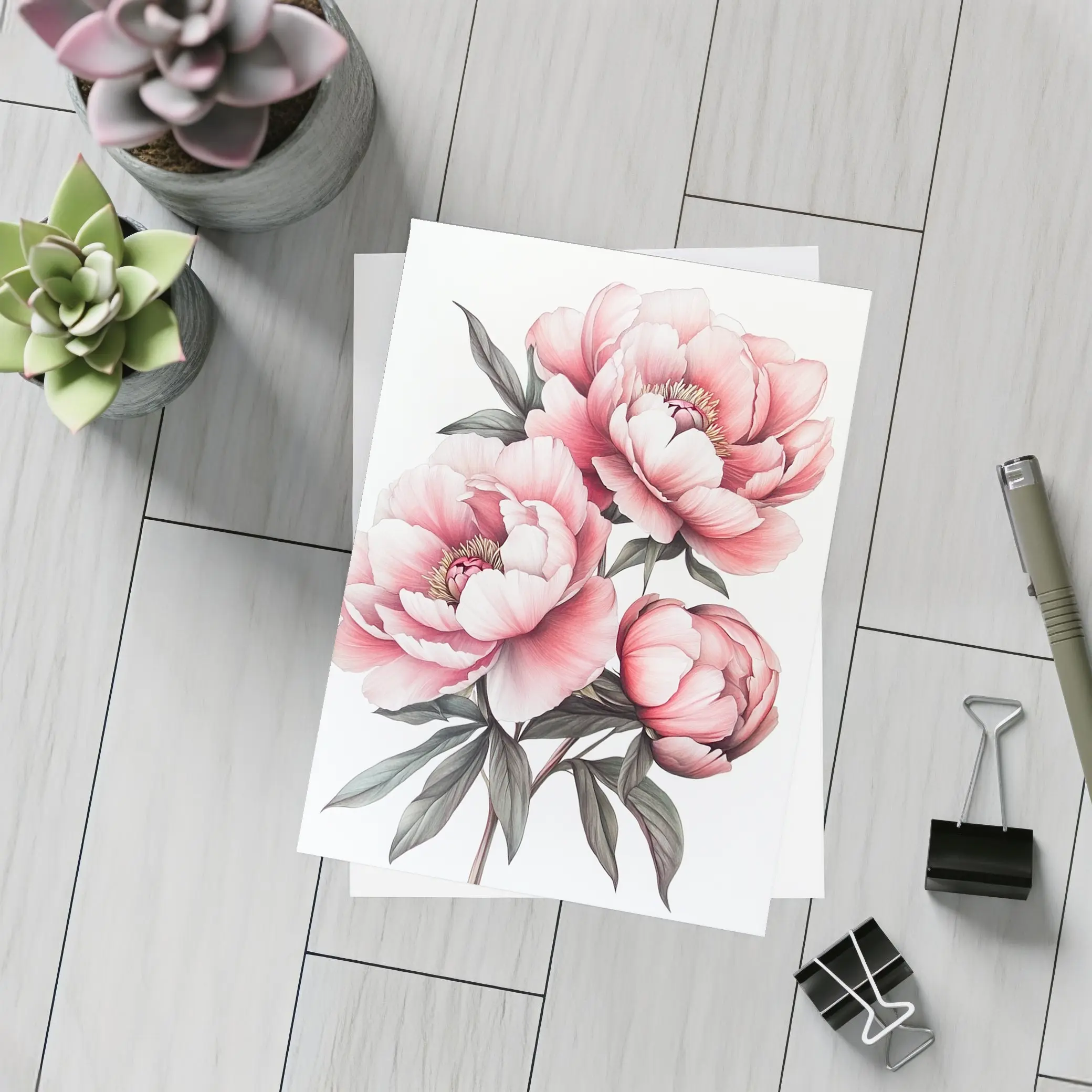 Pink Peony Bouquet Botanical Illustration White Background – Postcards