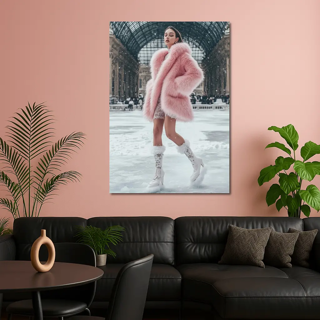 Pink Fur Coat Woman Snow Milan Gallery – Wall Art