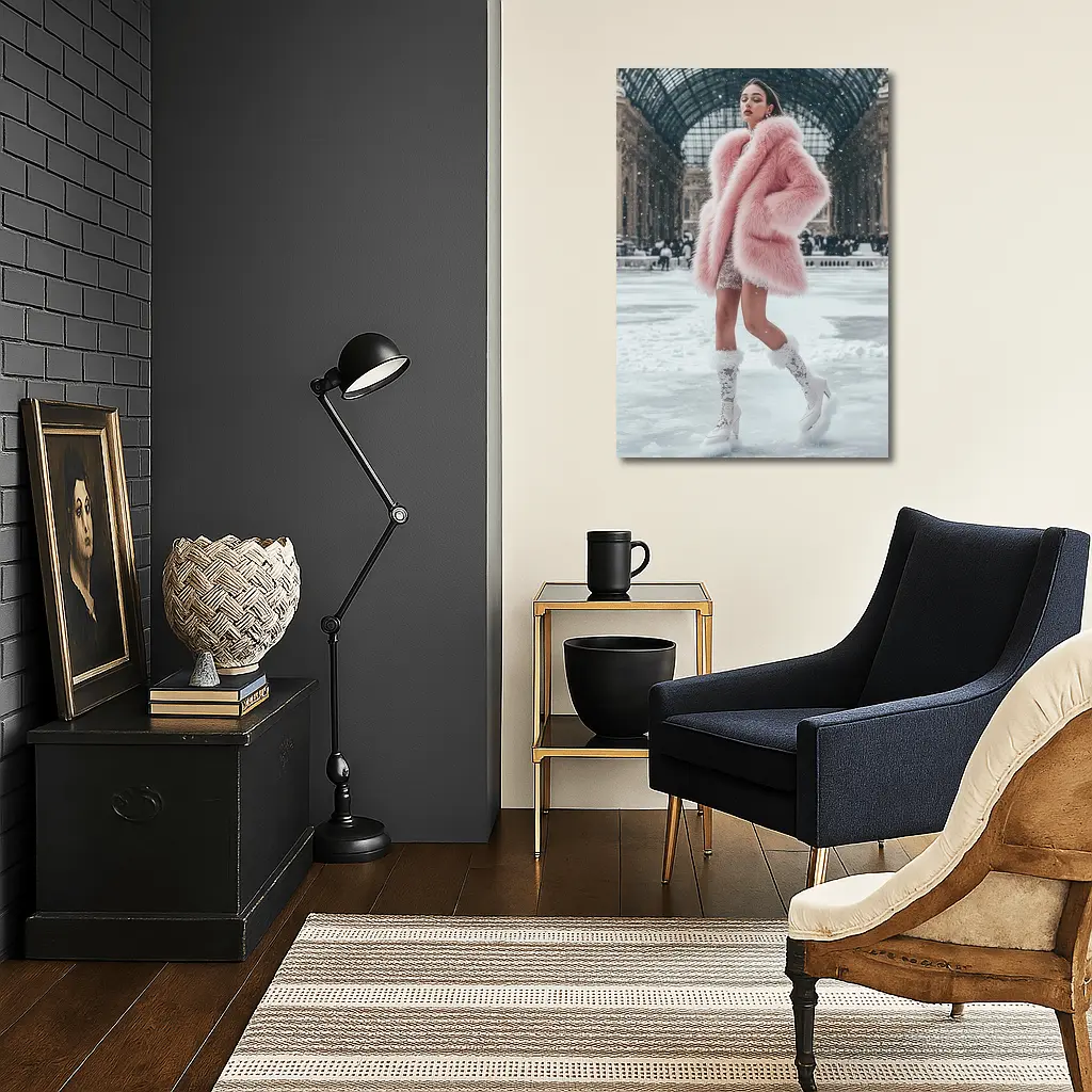 Pink Fur Coat Woman Snow Milan Gallery – Wall Art