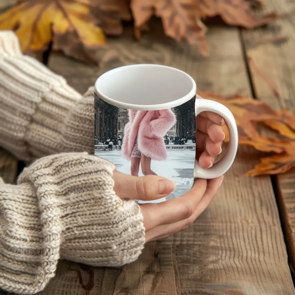 Pink Fur Coat Woman Snow Milan Gallery – Mugs
