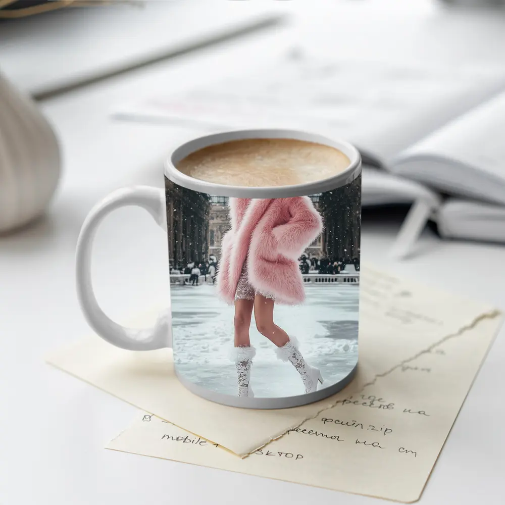 Pink Fur Coat Woman Snow Milan Gallery – Mugs