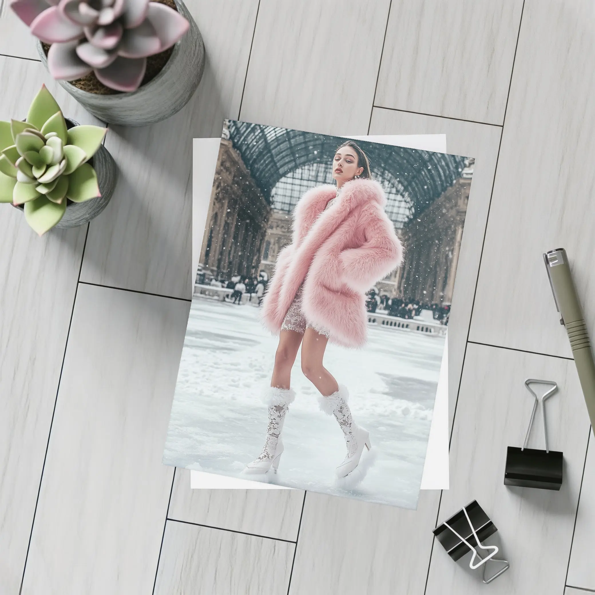 Pink Fur Coat Woman Snow Milan Gallery – Postcards