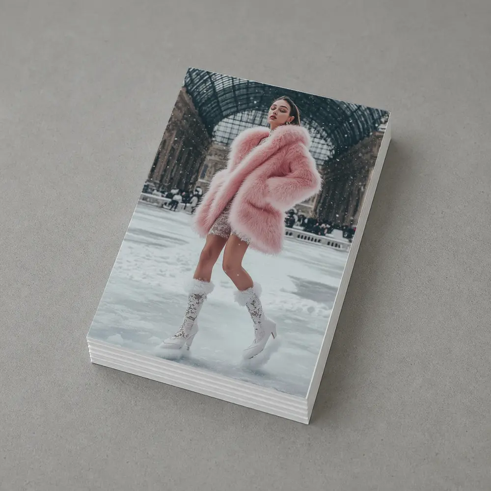 Pink Fur Coat Woman Snow Milan Gallery – Postcards