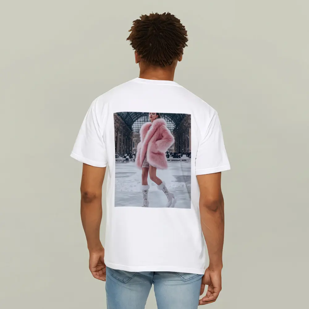 Pink Fur Coat Woman Snow Milan Gallery – T-Shirts