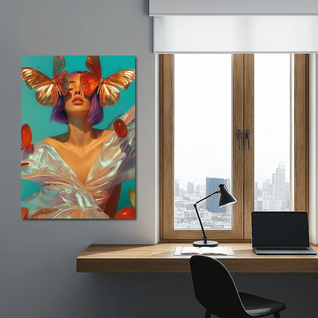 Woman With Butterflies Purple Hair Teal Background – Wall Art
