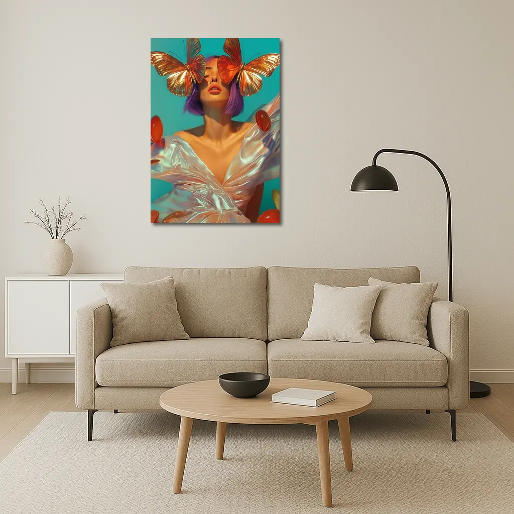 Woman With Butterflies Purple Hair Teal Background – Wall Art