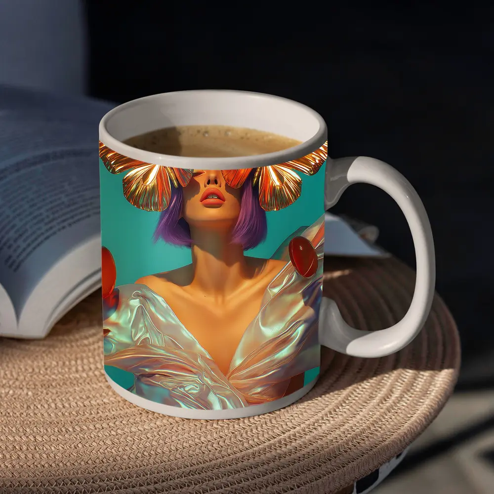 Woman With Butterflies Purple Hair Teal Background – Mugs