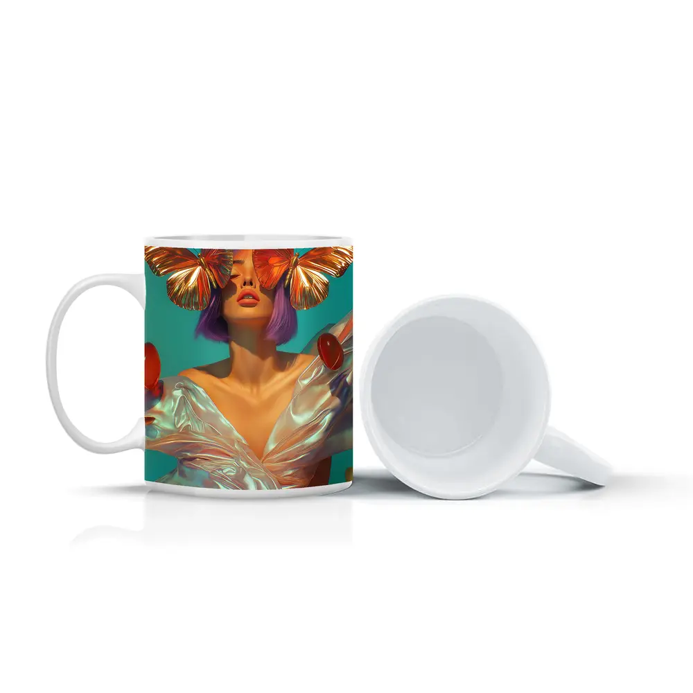 Woman With Butterflies Purple Hair Teal Background – Mugs