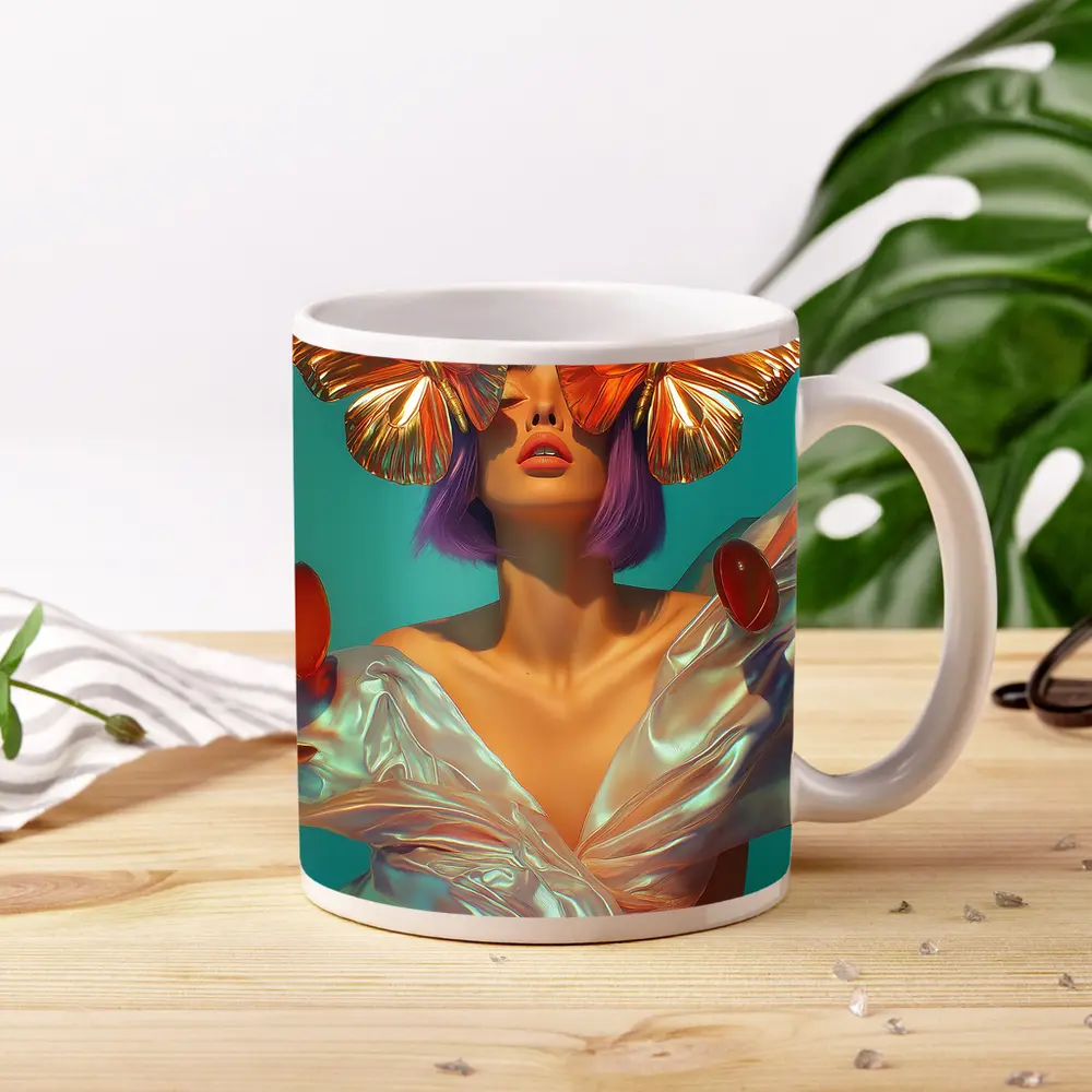 Woman With Butterflies Purple Hair Teal Background – Mugs